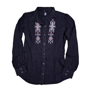 WRANGLER Retro Punchy Embroidered Black Cowgirl Denim Shirt Womens Small
